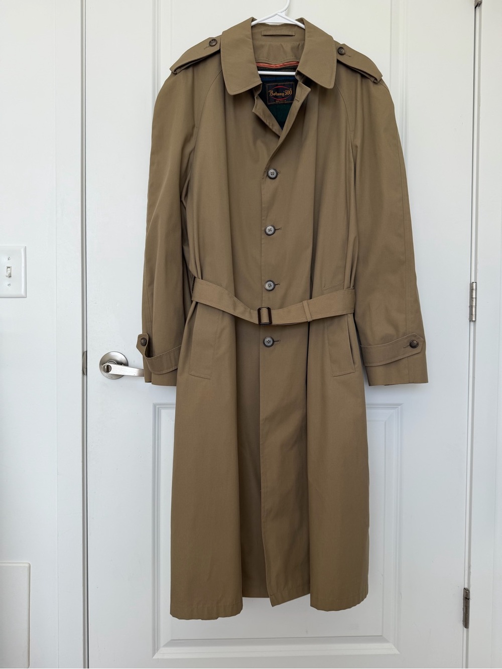 Vintage Botany 500 Khaki Trench Coat 44 Long Plaid Wool Zip-Out Liner USA